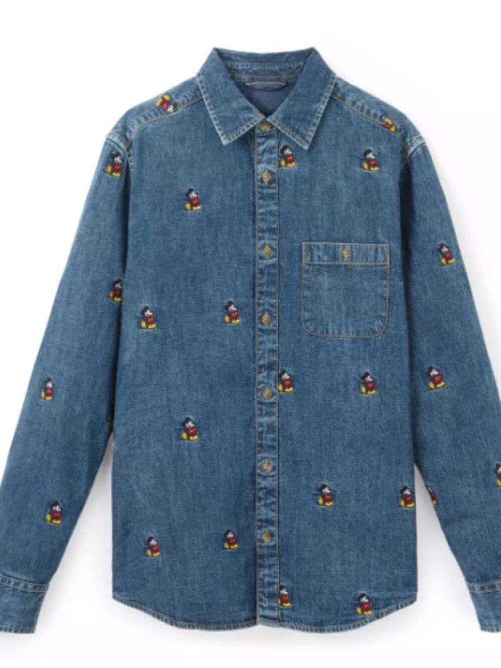 Disney Denim AOP Mickey Mouse Embroidered Button Down Denim Shirt